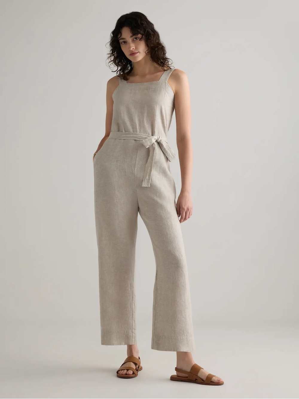Quince 100% European Linen Square Neck Jumpsuit in driftwood